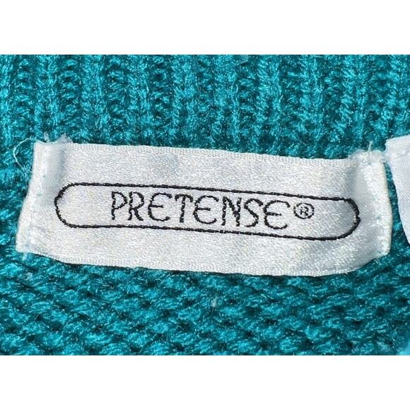 Vtg 80s 90s Pretense Sweater Green Knit Pullover Geometric Stripes Diamonds Sz M - Picture 4 of 9